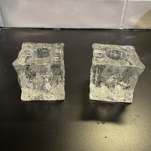 Scandinavian Dansk Style‎ Melting Ice Cube Art Glass Taper Candle Holders (2)